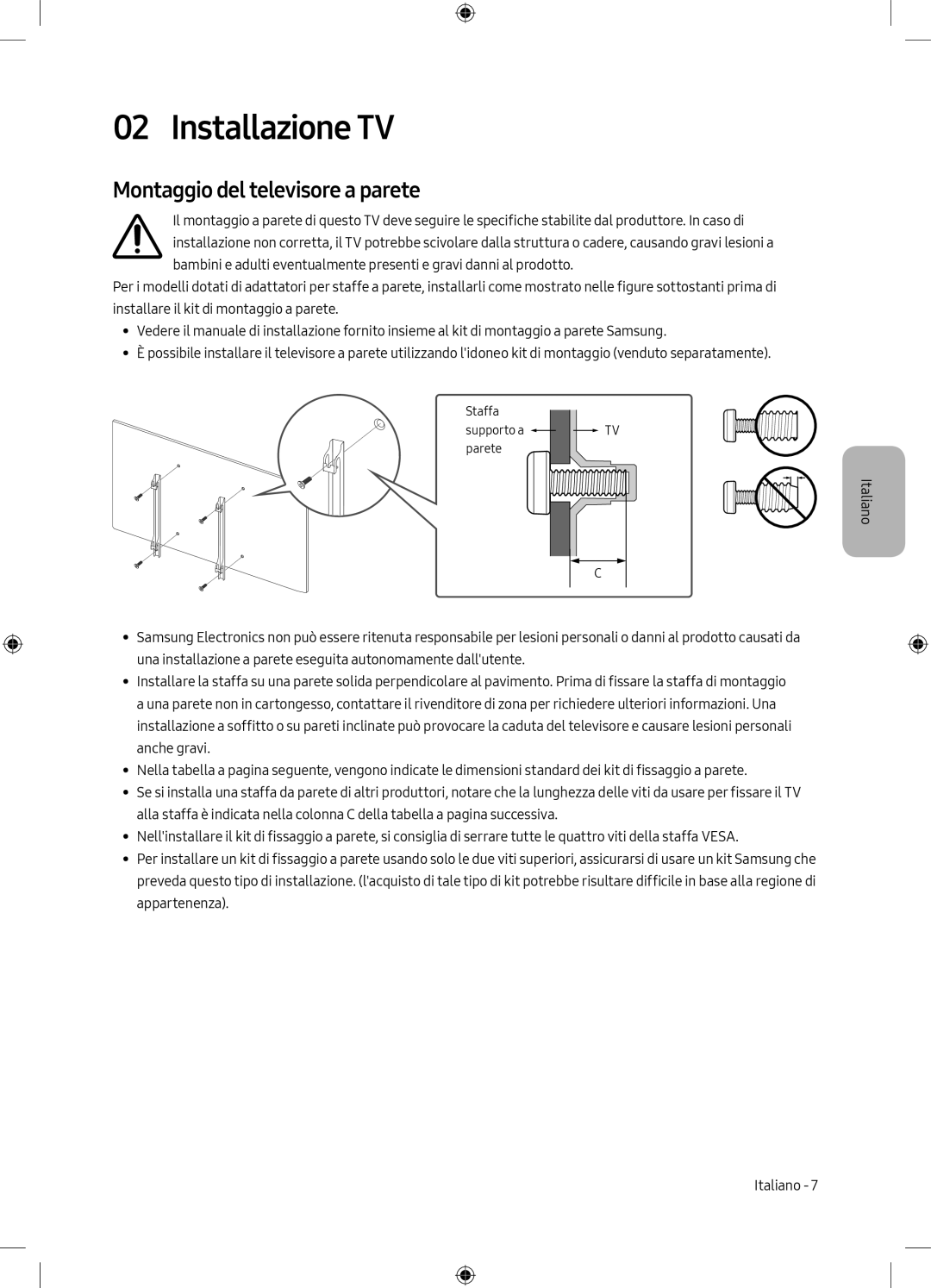 Samsung UE75MU6198UXZG manual Installazione TV, Montaggio del televisore a parete 