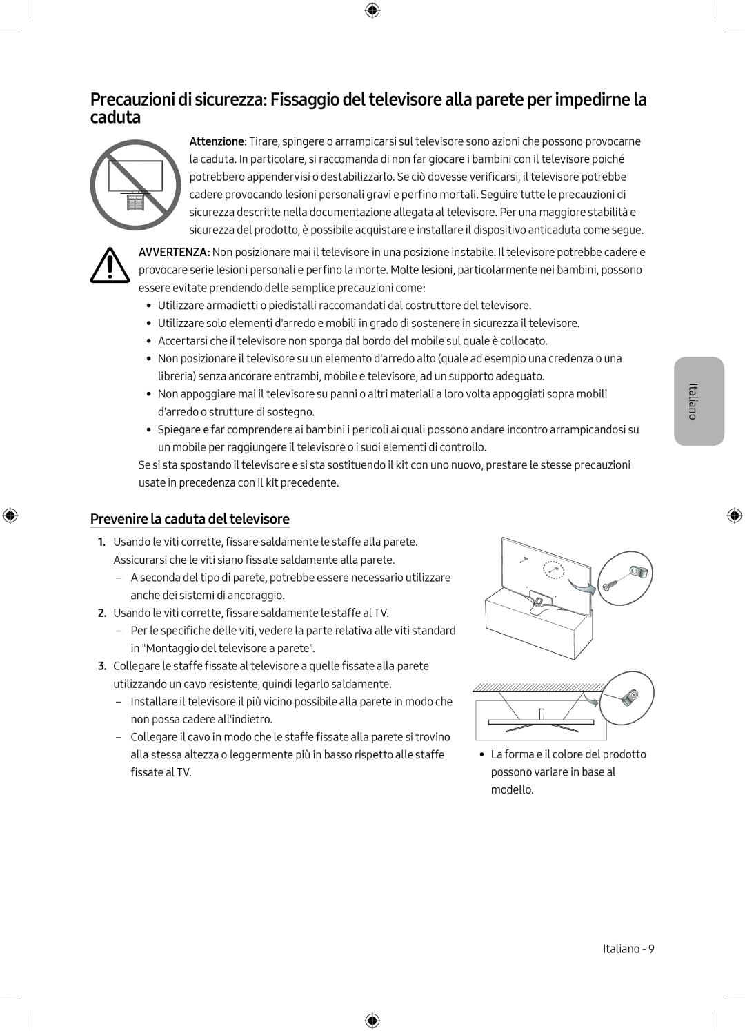 Samsung UE75MU6198UXZG manual Prevenire la caduta del televisore 