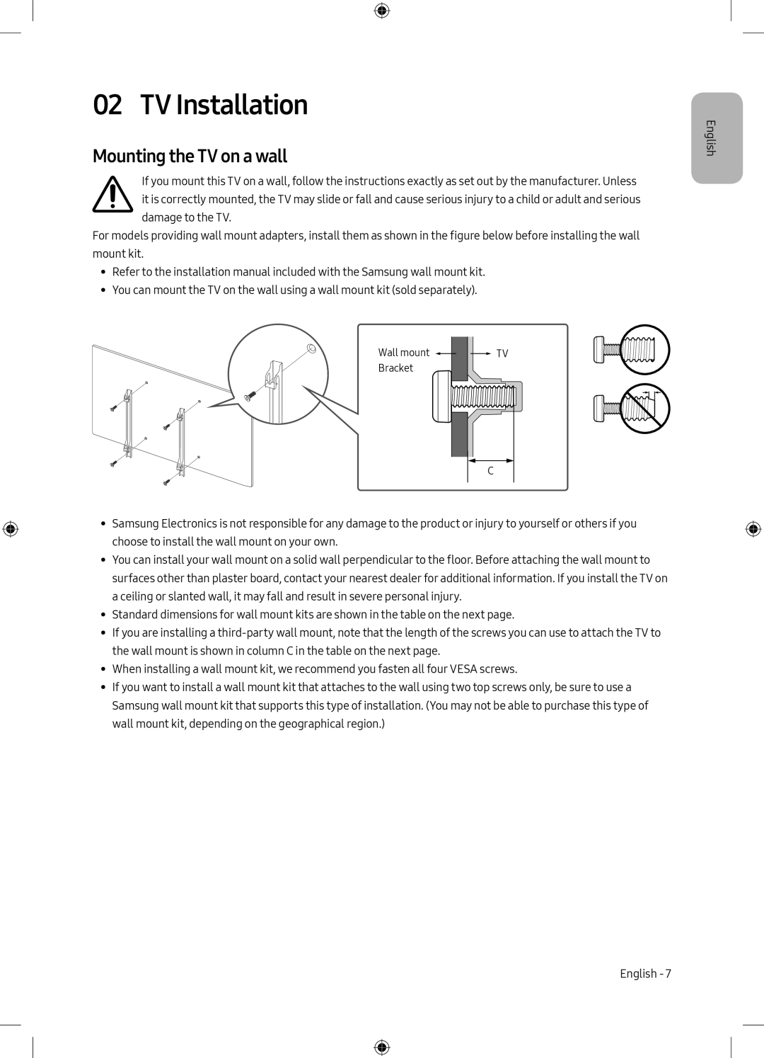 Samsung UE75MU6198UXZG manual TV Installation, Mounting the TV on a wall 