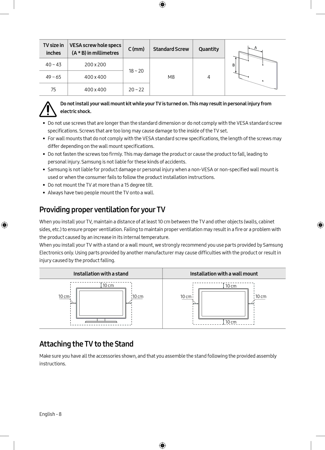 Samsung UE75MU6198UXZG manual Providing proper ventilation for your TV, Attaching the TV to the Stand 