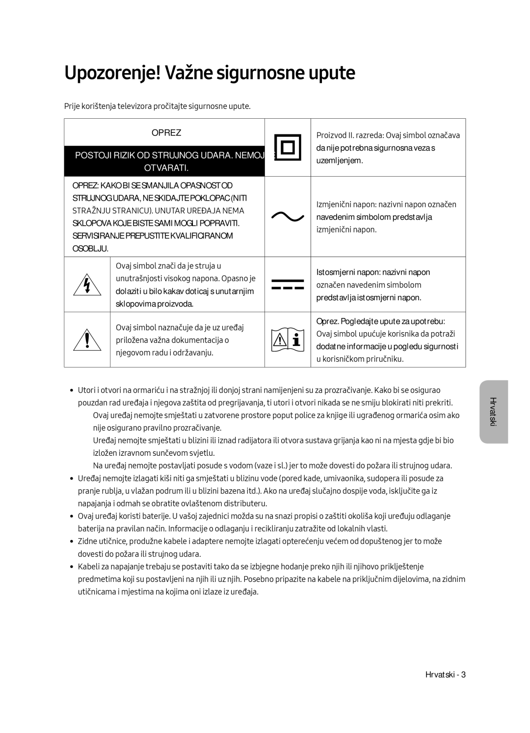 Samsung UE55MU8002TXXH, UE75MU8002TXXH, UE65MU8002TXXH, UE49MU8002TXXH manual Upozorenje! Važne sigurnosne upute, Oprez 