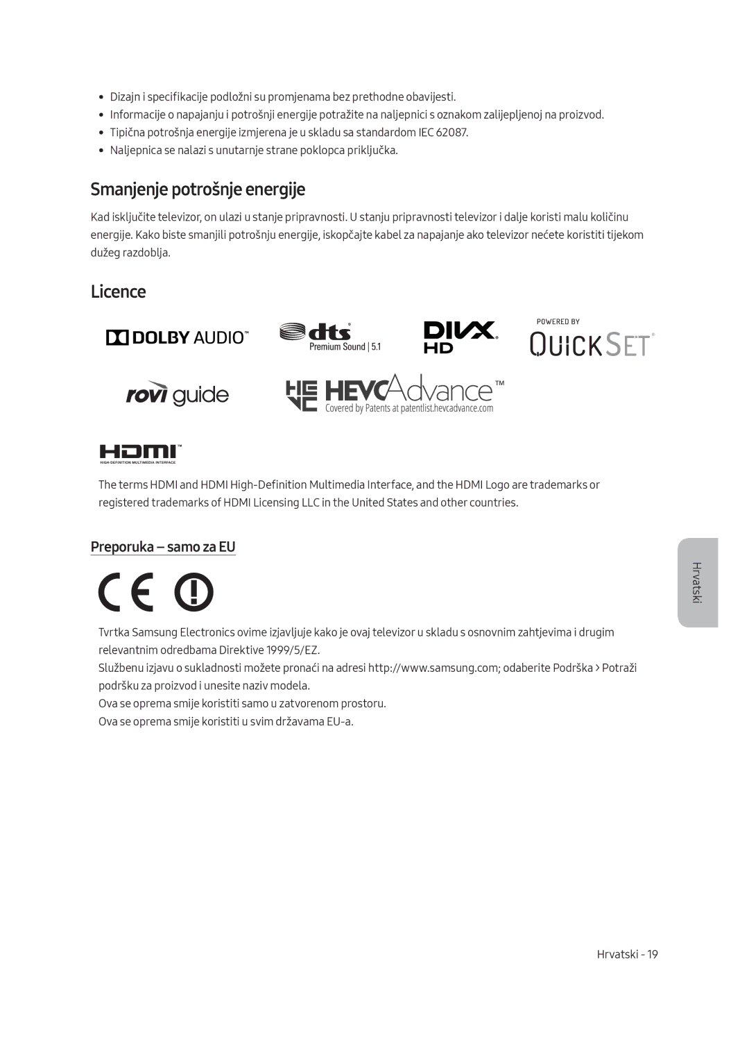 Samsung UE55MU8002TXXH, UE75MU8002TXXH, UE65MU8002TXXH manual Smanjenje potrošnje energije, Licence, Preporuka samo za EU 