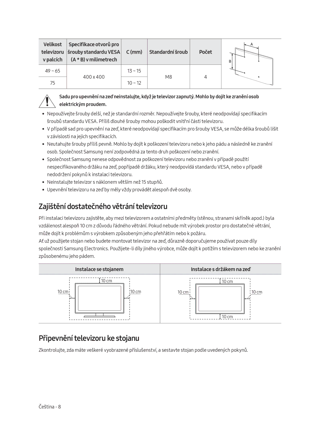 Samsung UE75MU8002TXXH manual Zajištění dostatečného větrání televizoru, Připevnění televizoru ke stojanu, Velikost 