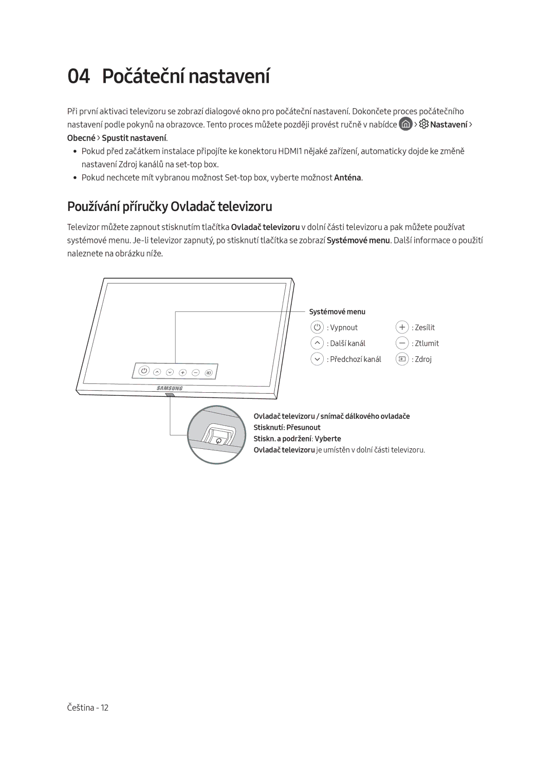 Samsung UE75MU8002TXXH, UE65MU8002TXXH, UE49MU8002TXXH manual 04 Počáteční nastavení, Používání příručky Ovladač televizoru 