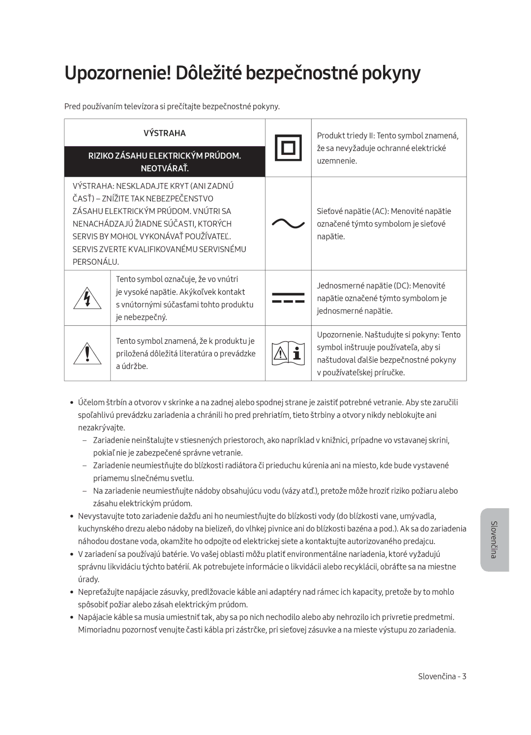 Samsung UE55MU8002TXXH, UE75MU8002TXXH manual Upozornenie! Dôležité bezpečnostné pokyny, Riziko Zásahu Elektrickým Prúdom 