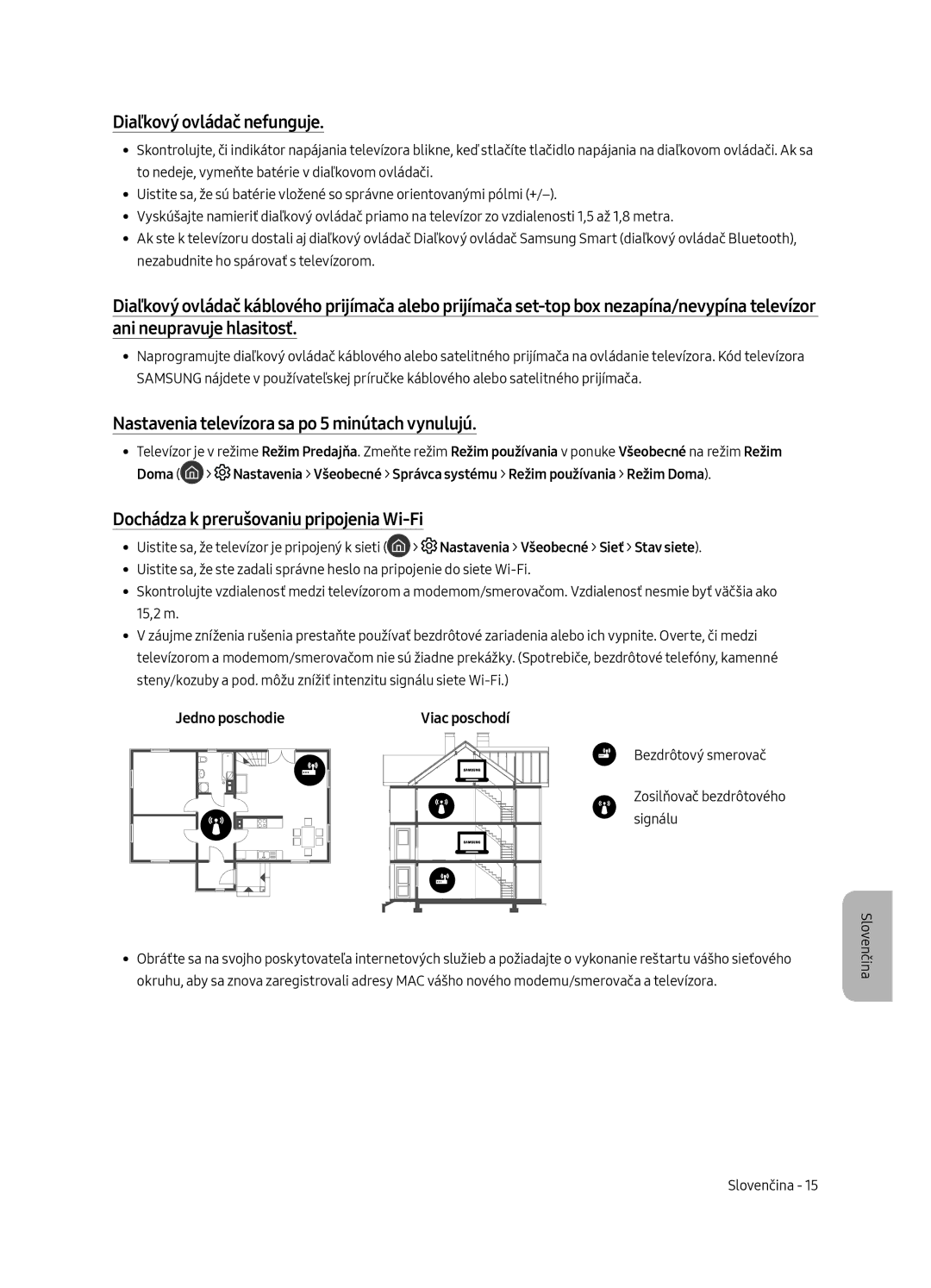 Samsung UE55MU8002TXXH manual Diaľkový ovládač nefunguje, Nastavenia televízora sa po 5 minútach vynulujú, Jedno poschodie 