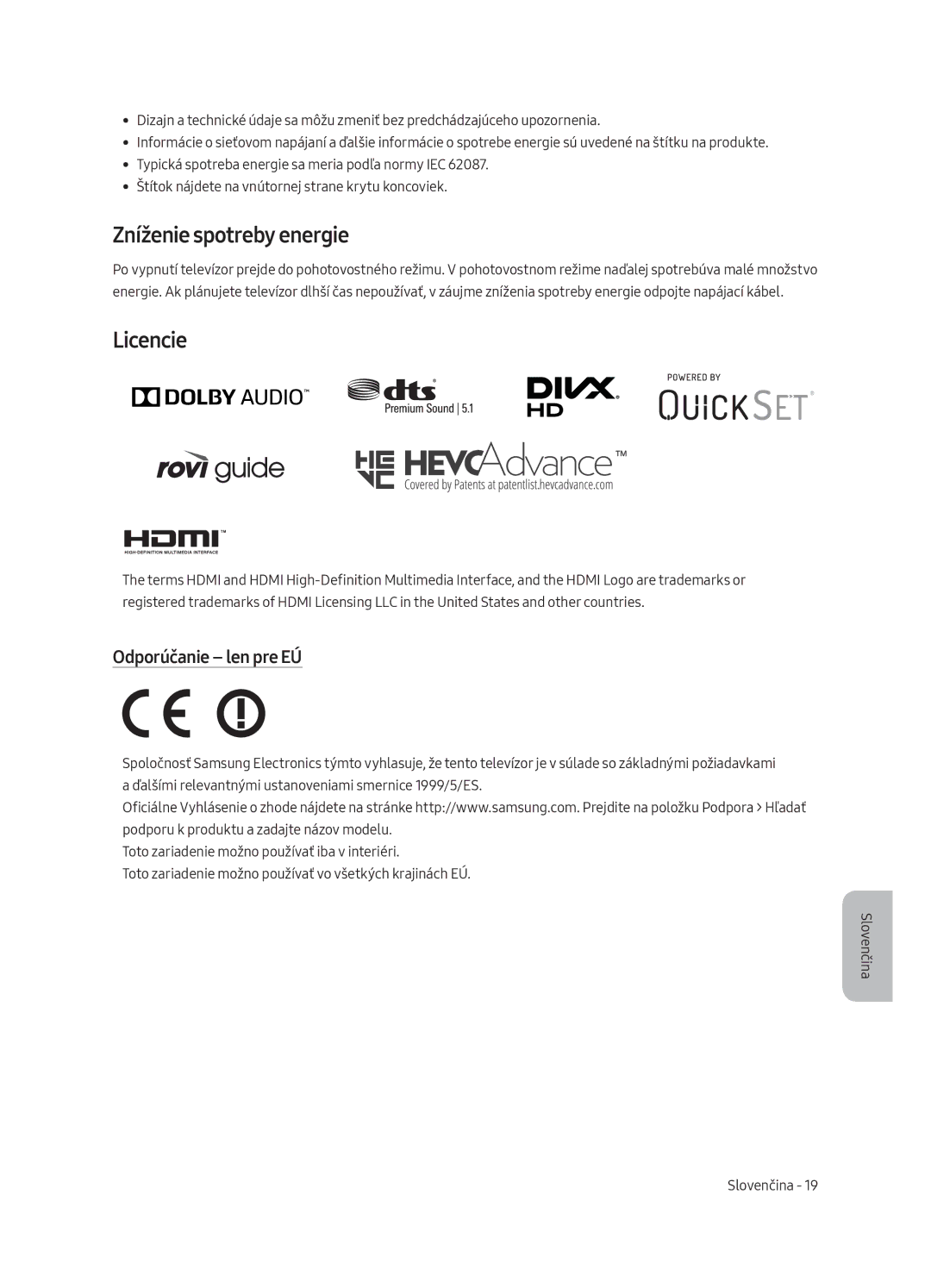 Samsung UE55MU8002TXXH, UE75MU8002TXXH, UE65MU8002TXXH manual Zníženie spotreby energie, Licencie, Odporúčanie len pre EÚ 