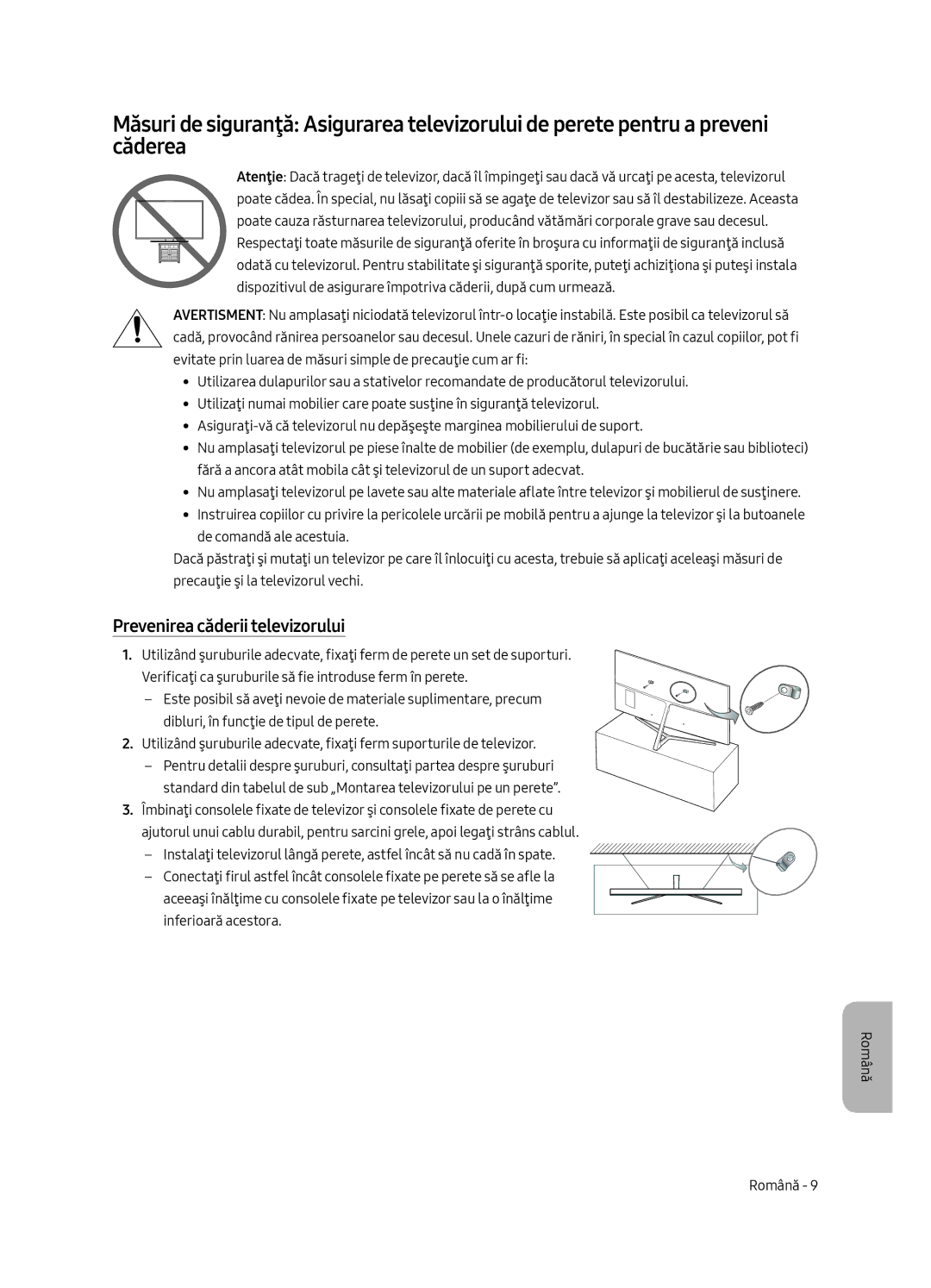 Samsung UE65MU8002TXXH, UE75MU8002TXXH, UE49MU8002TXXH, UE55MU8002TXXH manual Prevenirea căderii televizorului 