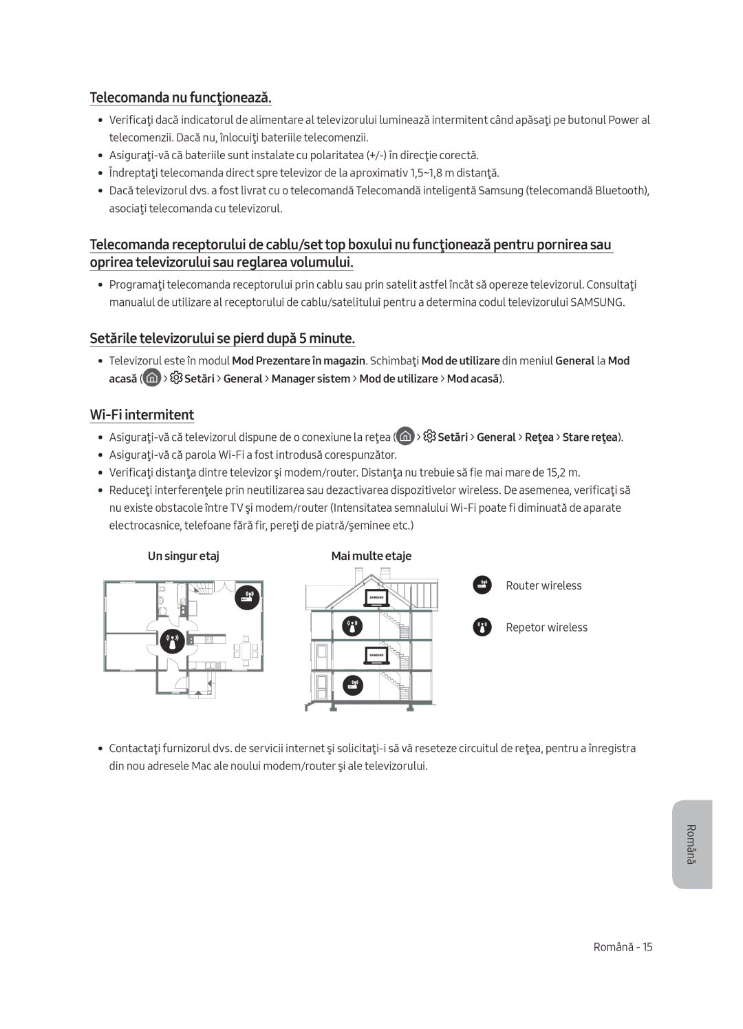 Samsung UE55MU8002TXXH manual Telecomanda nu funcţionează, Setările televizorului se pierd după 5 minute, Wi-Fi intermitent 