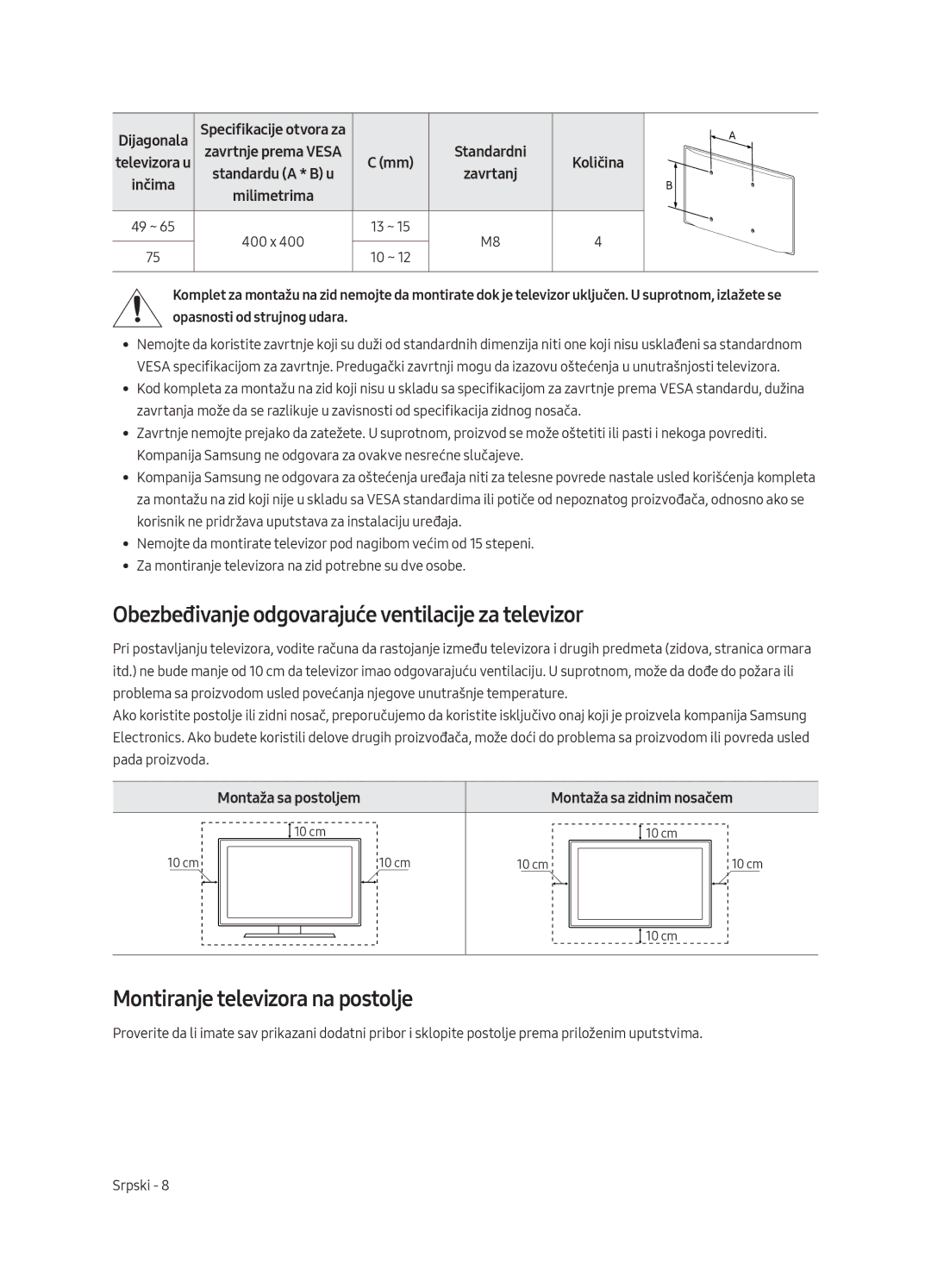 Samsung UE75MU8002TXXH Obezbeđivanje odgovarajuće ventilacije za televizor, Montiranje televizora na postolje, Dijagonala 