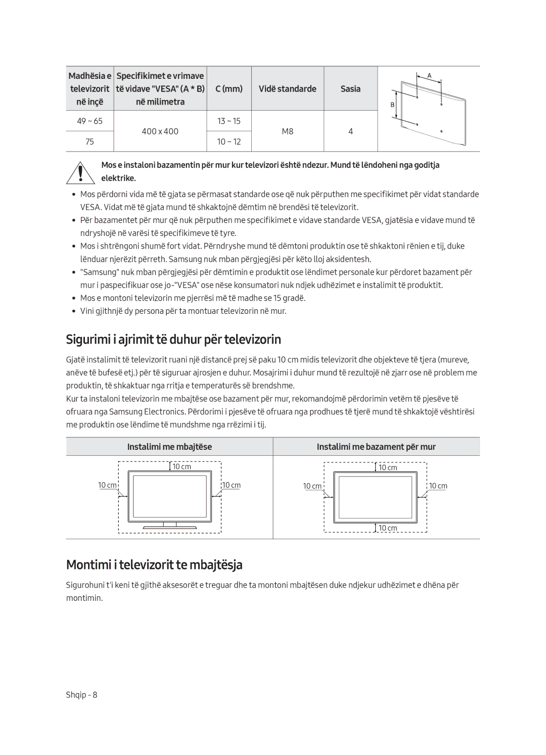 Samsung UE75MU8002TXXH, UE65MU8002TXXH Sigurimi i ajrimit të duhur për televizorin, Montimi i televizorit te mbajtësja 