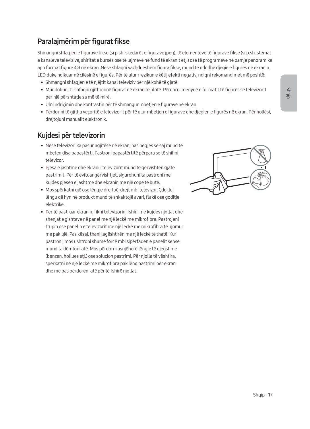 Samsung UE65MU8002TXXH, UE75MU8002TXXH, UE49MU8002TXXH manual Paralajmërim për figurat fikse, Kujdesi për televizorin 