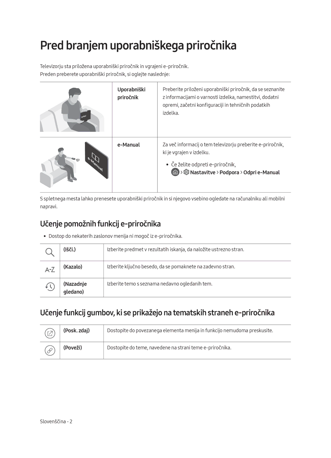 Samsung UE49MU8002TXXH, UE75MU8002TXXH manual Pred branjem uporabniškega priročnika, Učenje pomožnih funkcij e-priročnika 