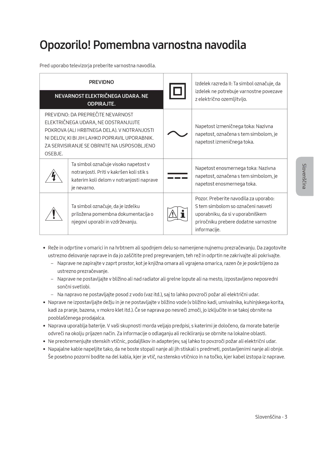 Samsung UE55MU8002TXXH, UE75MU8002TXXH manual Opozorilo! Pomembna varnostna navodila, Nevarnost Električnega UDARA. NE 