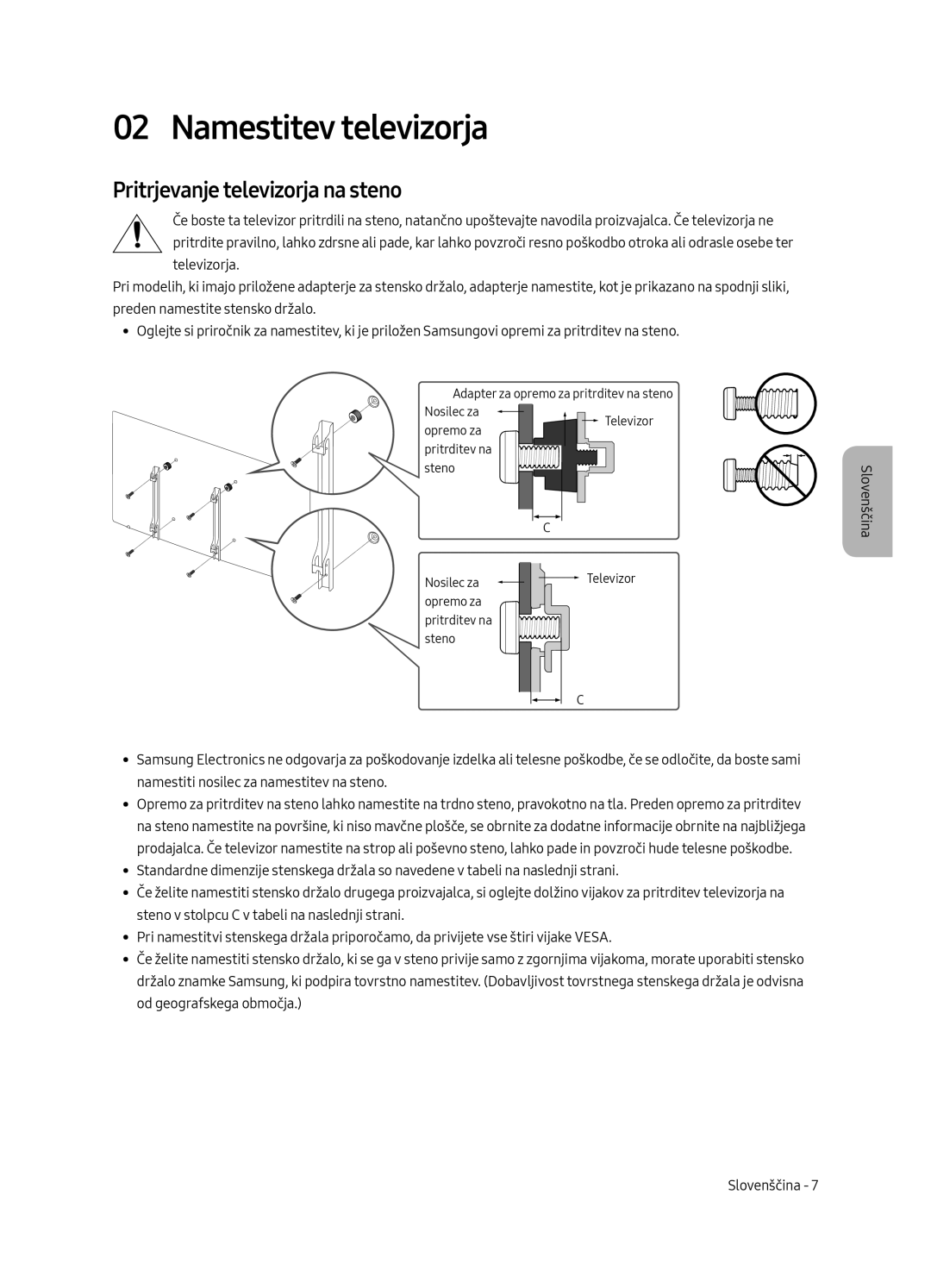 Samsung UE55MU8002TXXH, UE75MU8002TXXH, UE65MU8002TXXH manual Namestitev televizorja, Pritrjevanje televizorja na steno 