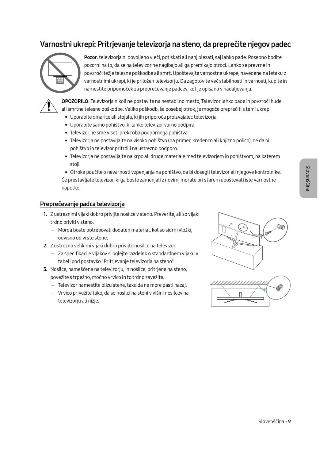 Samsung UE65MU8002TXXH, UE75MU8002TXXH, UE49MU8002TXXH, UE55MU8002TXXH manual Preprečevanje padca televizorja 