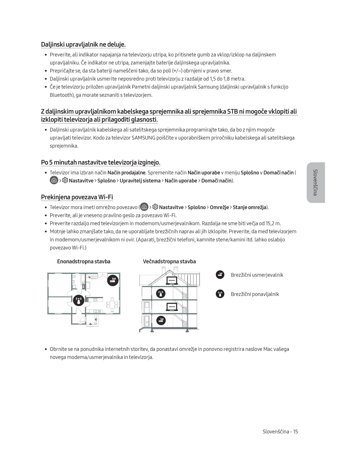 Samsung UE55MU8002TXXH, UE75MU8002TXXH manual Daljinski upravljalnik ne deluje, Po 5 minutah nastavitve televizorja izginejo 