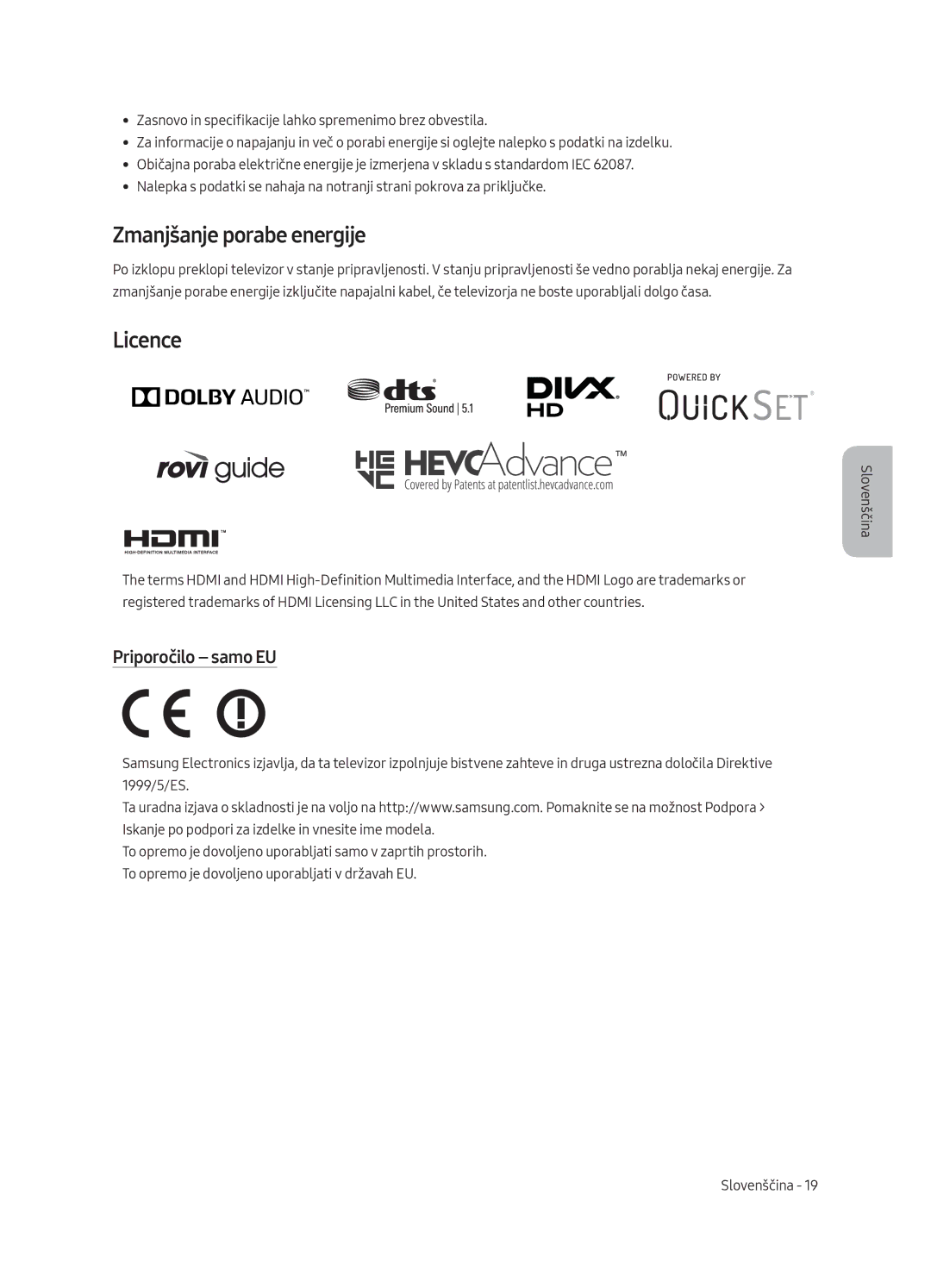 Samsung UE55MU8002TXXH, UE75MU8002TXXH, UE65MU8002TXXH, UE49MU8002TXXH manual Zmanjšanje porabe energije, Priporočilo samo EU 