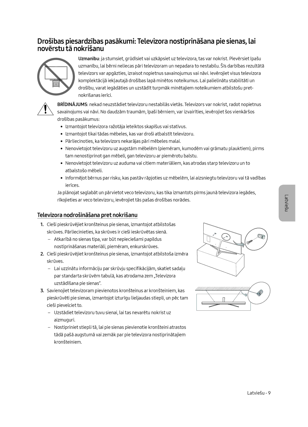 Samsung UE65MU8002TXXH, UE75MU8002TXXH, UE49MU8002TXXH, UE55MU8002TXXH manual Televizora nodrošināšana pret nokrišanu 