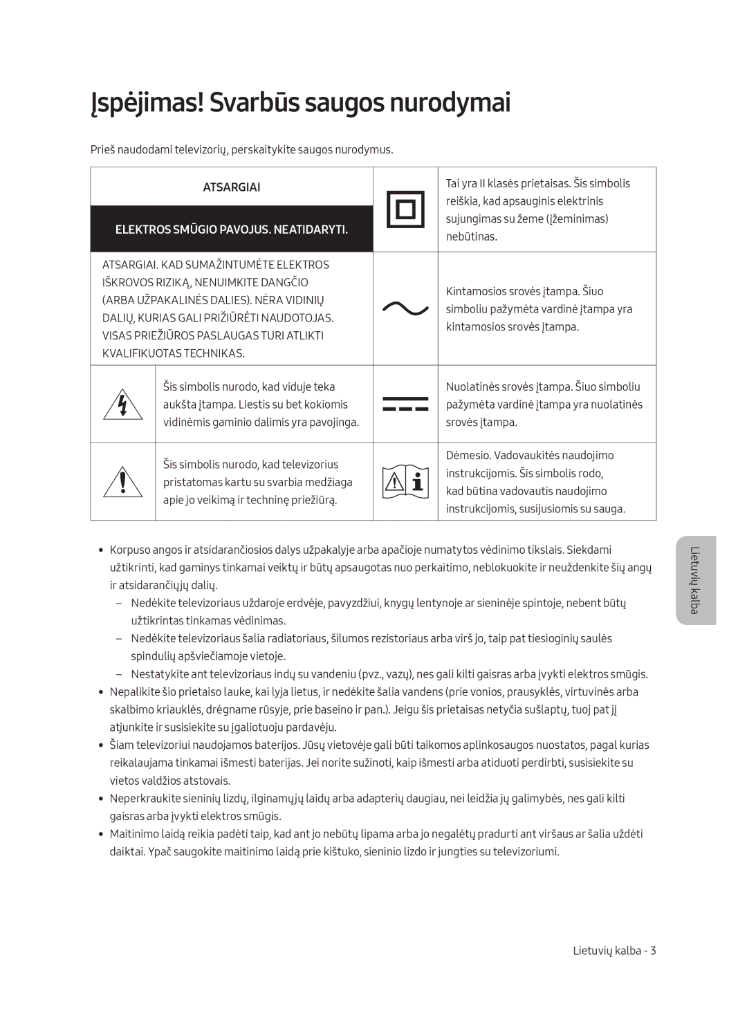 Samsung UE55MU8002TXXH, UE75MU8002TXXH, UE65MU8002TXXH, UE49MU8002TXXH manual Įspėjimas! Svarbūs saugos nurodymai, Atsargiai 