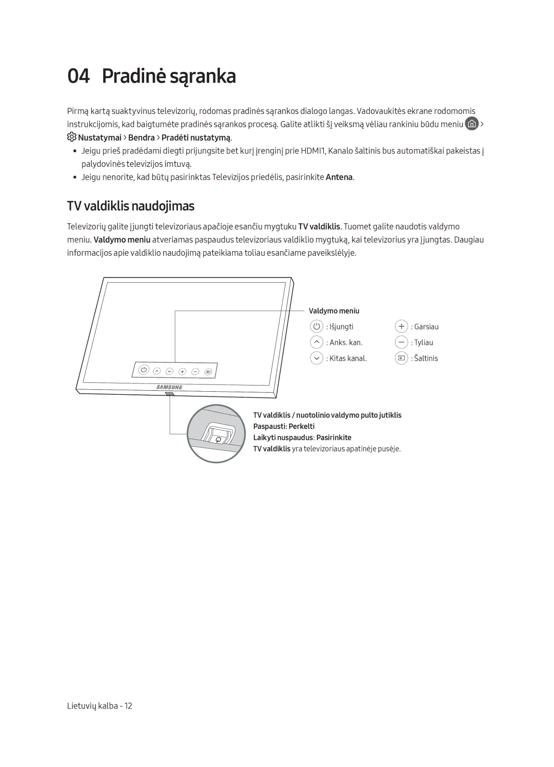 Samsung UE75MU8002TXXH, UE65MU8002TXXH, UE49MU8002TXXH, UE55MU8002TXXH manual Pradinė sąranka, TV valdiklis naudojimas 