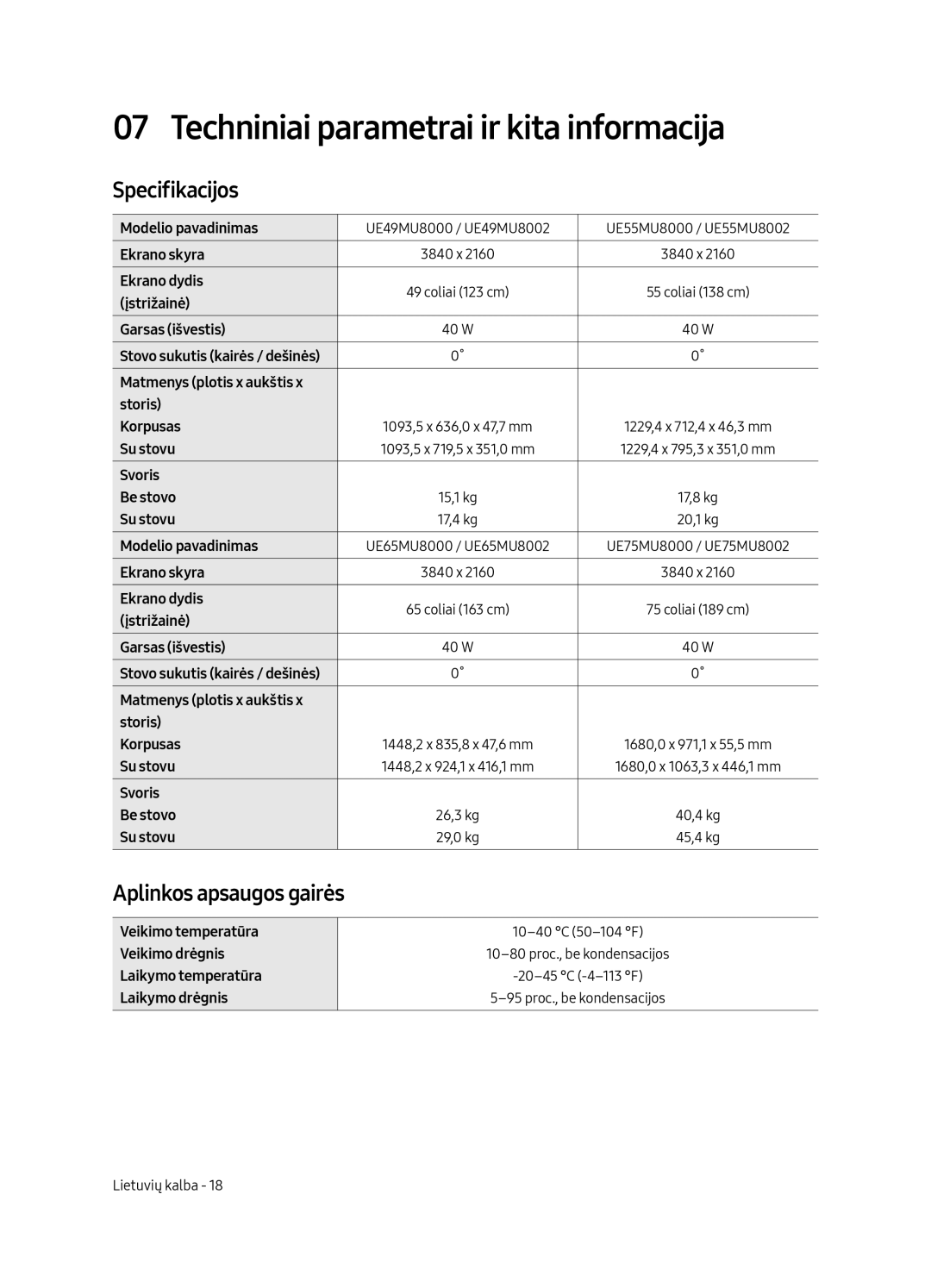 Samsung UE49MU8002TXXH, UE75MU8002TXXH Techniniai parametrai ir kita informacija, Specifikacijos, Aplinkos apsaugos gairės 