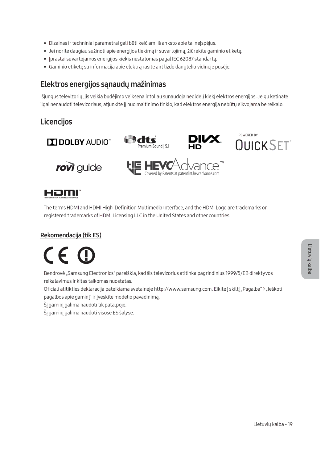 Samsung UE55MU8002TXXH, UE75MU8002TXXH manual Elektros energijos sąnaudų mažinimas, Licencijos, Rekomendacija tik ES 