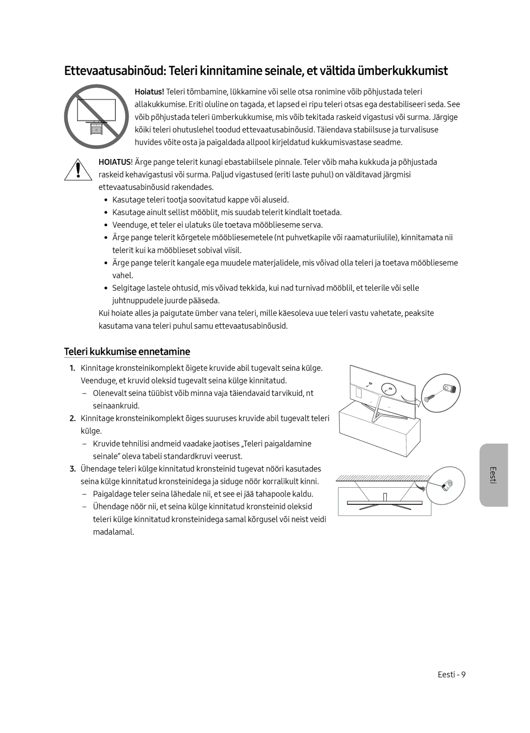 Samsung UE65MU8002TXXH, UE75MU8002TXXH, UE49MU8002TXXH, UE55MU8002TXXH manual Teleri kukkumise ennetamine 