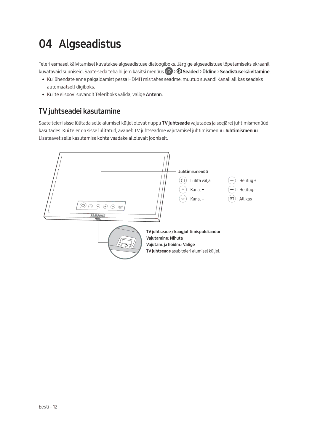 Samsung UE75MU8002TXXH, UE65MU8002TXXH, UE49MU8002TXXH, UE55MU8002TXXH manual Algseadistus, TV juhtseadei kasutamine 