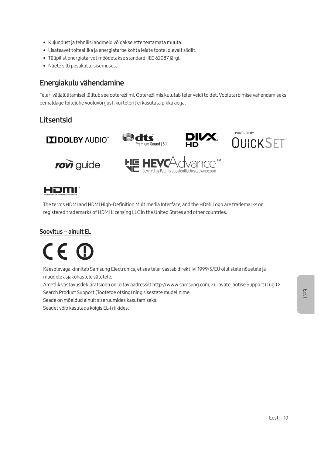 Samsung UE55MU8002TXXH, UE75MU8002TXXH, UE65MU8002TXXH manual Energiakulu vähendamine, Litsentsid, Soovitus ainult EL 