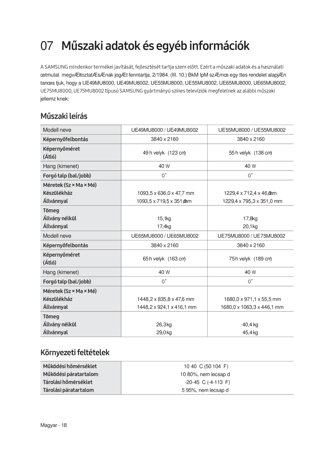 Samsung UE49MU8002TXXH, UE75MU8002TXXH manual 07 Műszaki adatok és egyéb információk, Műszaki leírás, Környezeti feltételek 