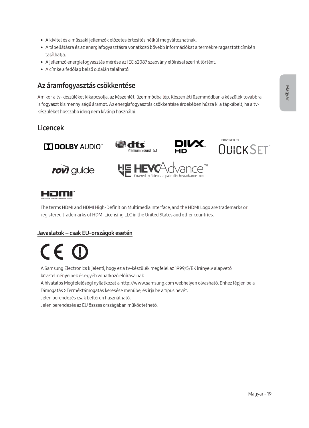 Samsung UE55MU8002TXXH, UE75MU8002TXXH manual Az áramfogyasztás csökkentése, Licencek, Javaslatok csak EU-országok esetén 