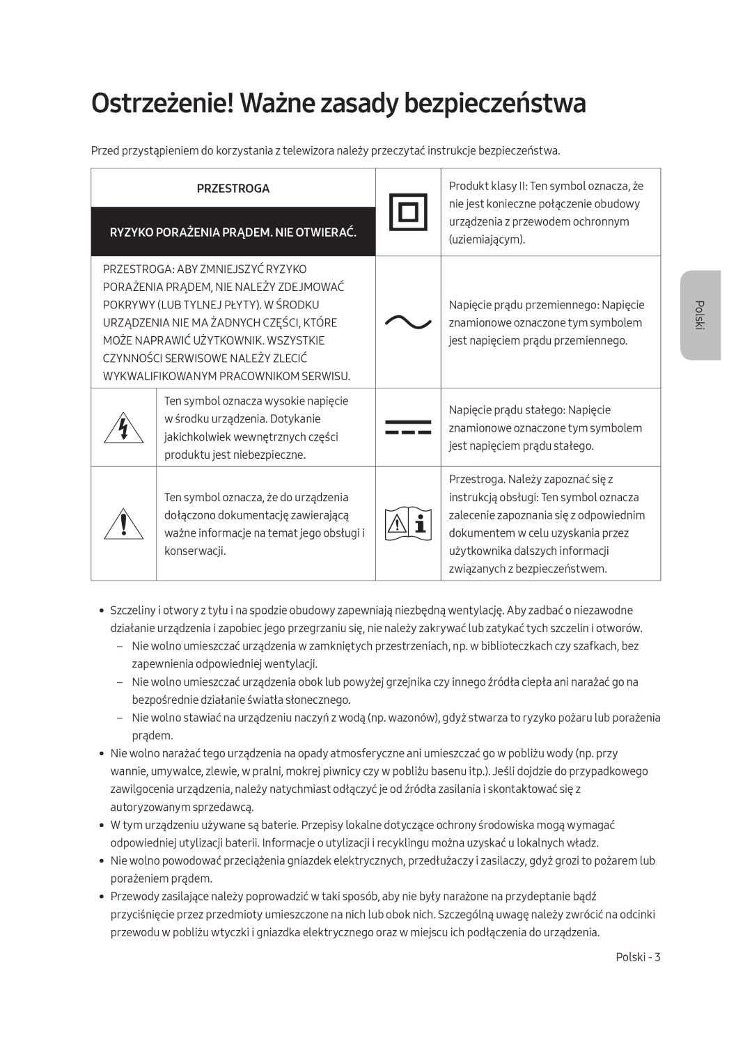 Samsung UE55MU8002TXXH, UE75MU8002TXXH, UE65MU8002TXXH, UE49MU8002TXXH Ostrzeżenie! Ważne zasady bezpieczeństwa, Przestroga 