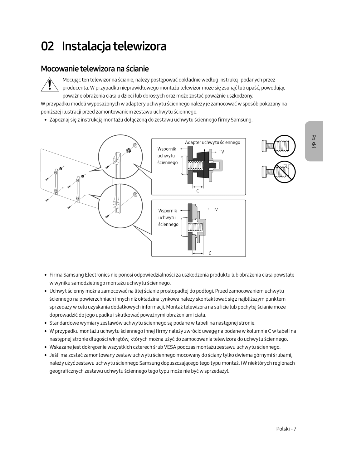 Samsung UE55MU8002TXXH, UE75MU8002TXXH, UE65MU8002TXXH manual Instalacja telewizora, Mocowanie telewizora na ścianie 