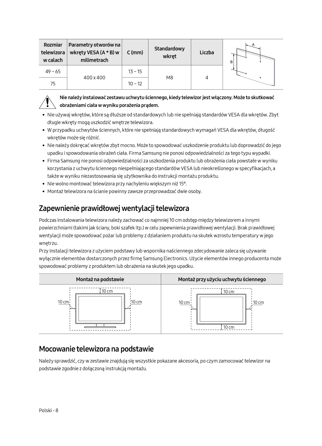 Samsung UE75MU8002TXXH, UE65MU8002TXXH Zapewnienie prawidłowej wentylacji telewizora, Mocowanie telewizora na podstawie 