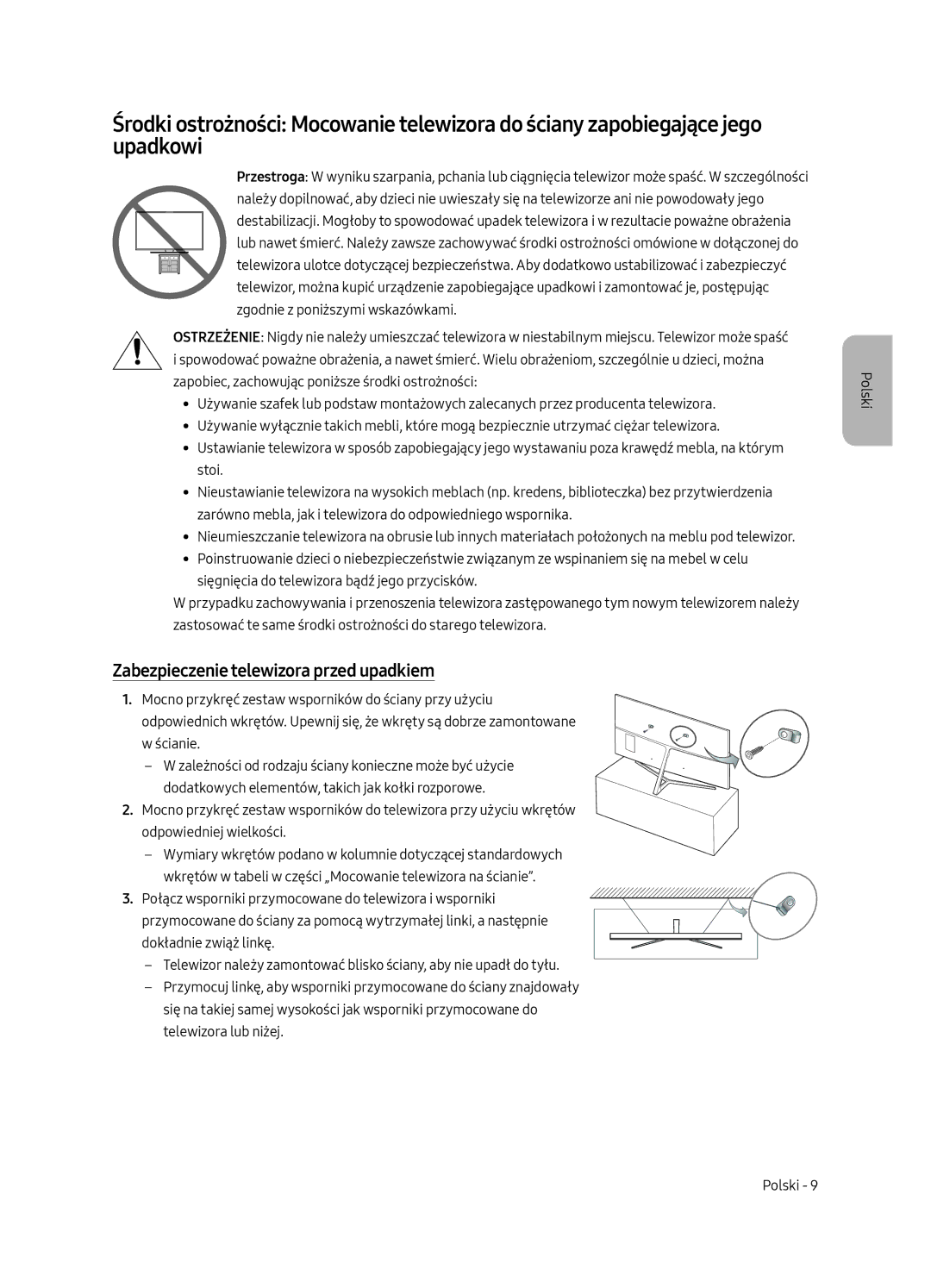 Samsung UE65MU8002TXXH, UE75MU8002TXXH, UE49MU8002TXXH, UE55MU8002TXXH manual Zabezpieczenie telewizora przed upadkiem 