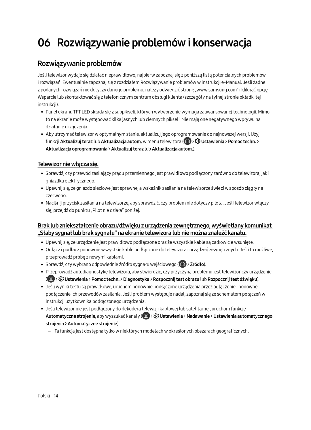 Samsung UE49MU8002TXXH, UE75MU8002TXXH, UE65MU8002TXXH manual Rozwiązywanie problemów i konserwacja, Telewizor nie włącza się 