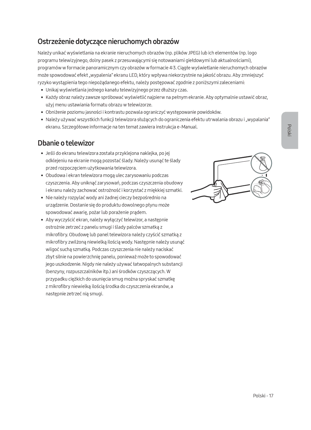 Samsung UE65MU8002TXXH, UE75MU8002TXXH, UE49MU8002TXXH manual Ostrzeżenie dotyczące nieruchomych obrazów, Dbanie o telewizor 