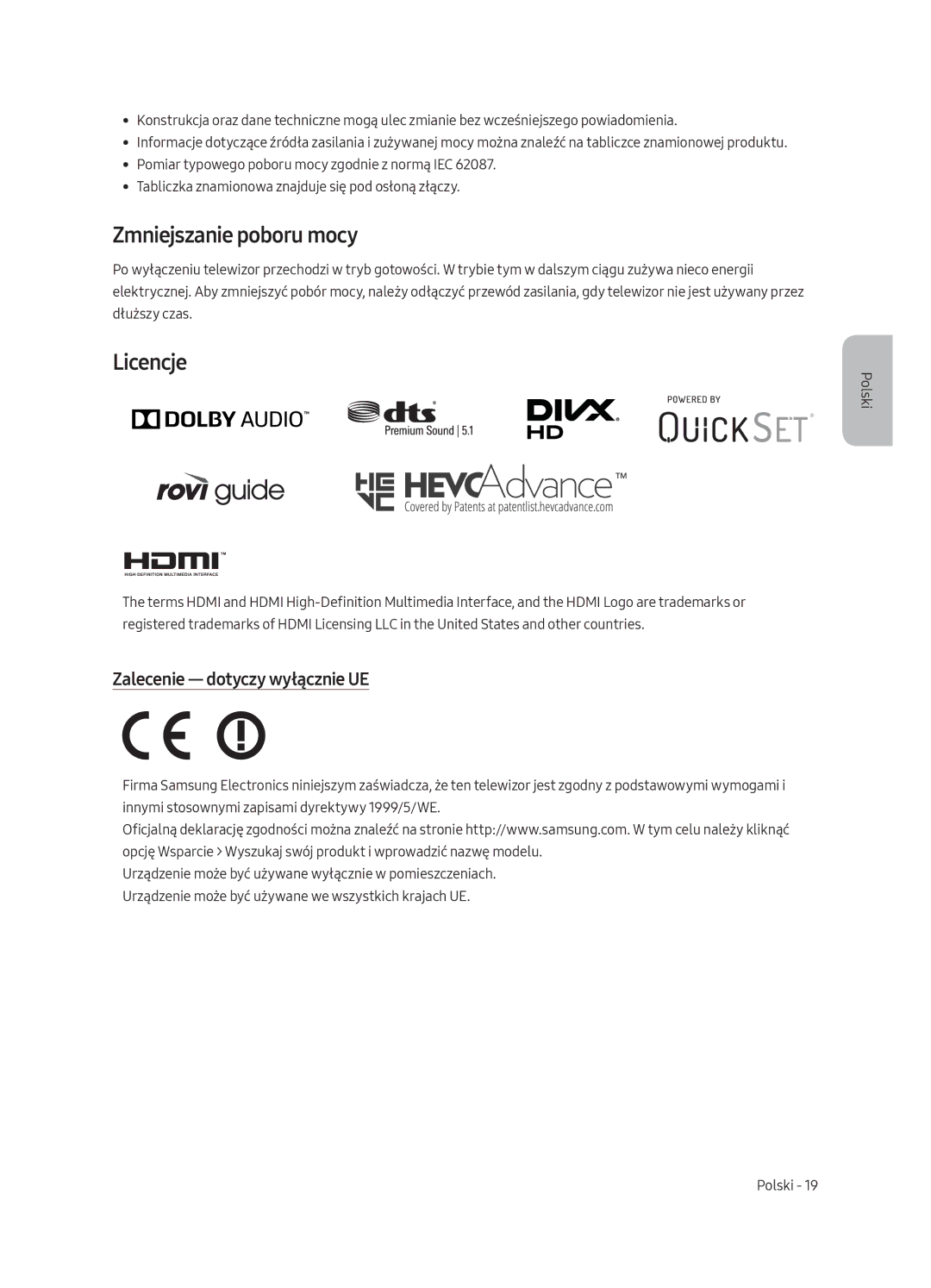 Samsung UE55MU8002TXXH, UE75MU8002TXXH, UE65MU8002TXXH Zmniejszanie poboru mocy, Licencje, Zalecenie dotyczy wyłącznie UE 