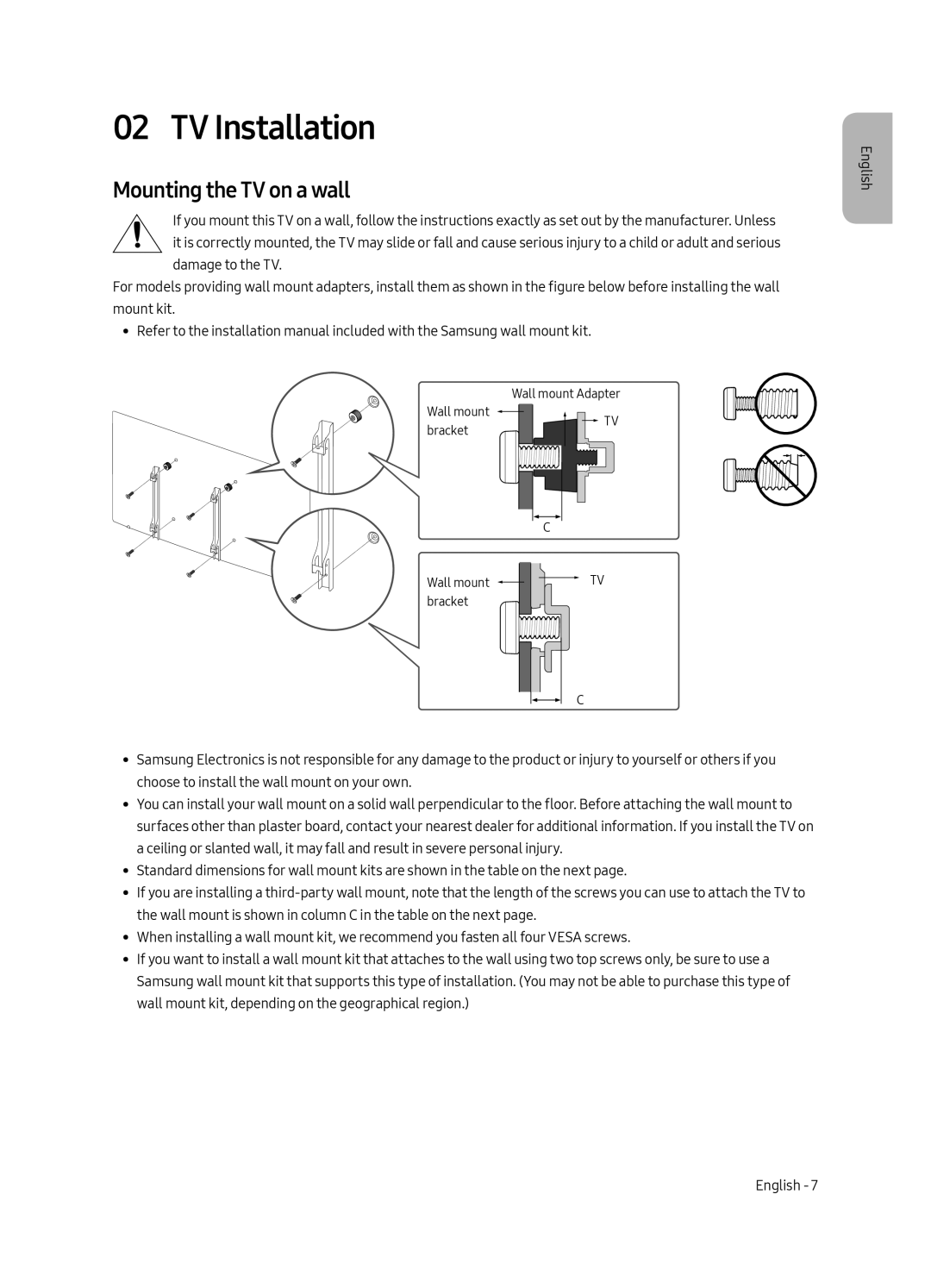 Samsung UE55MU8002TXXH, UE75MU8002TXXH, UE65MU8002TXXH, UE49MU8002TXXH manual TV Installation, Mounting the TV on a wall 