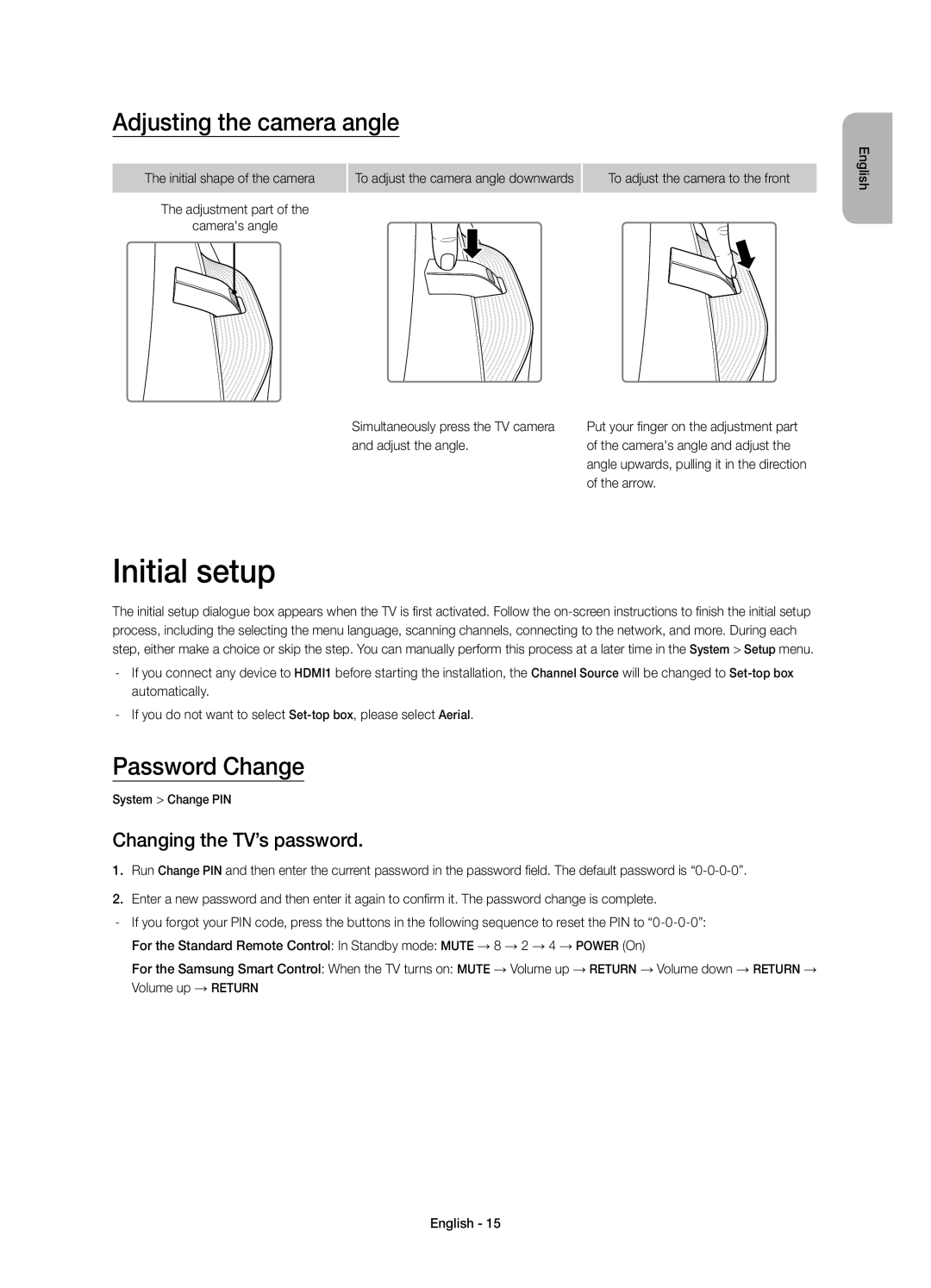 Samsung UE78HU8500LXXC manual Initial setup, Adjusting the camera angle, Password Change, Changing the TV’s password 