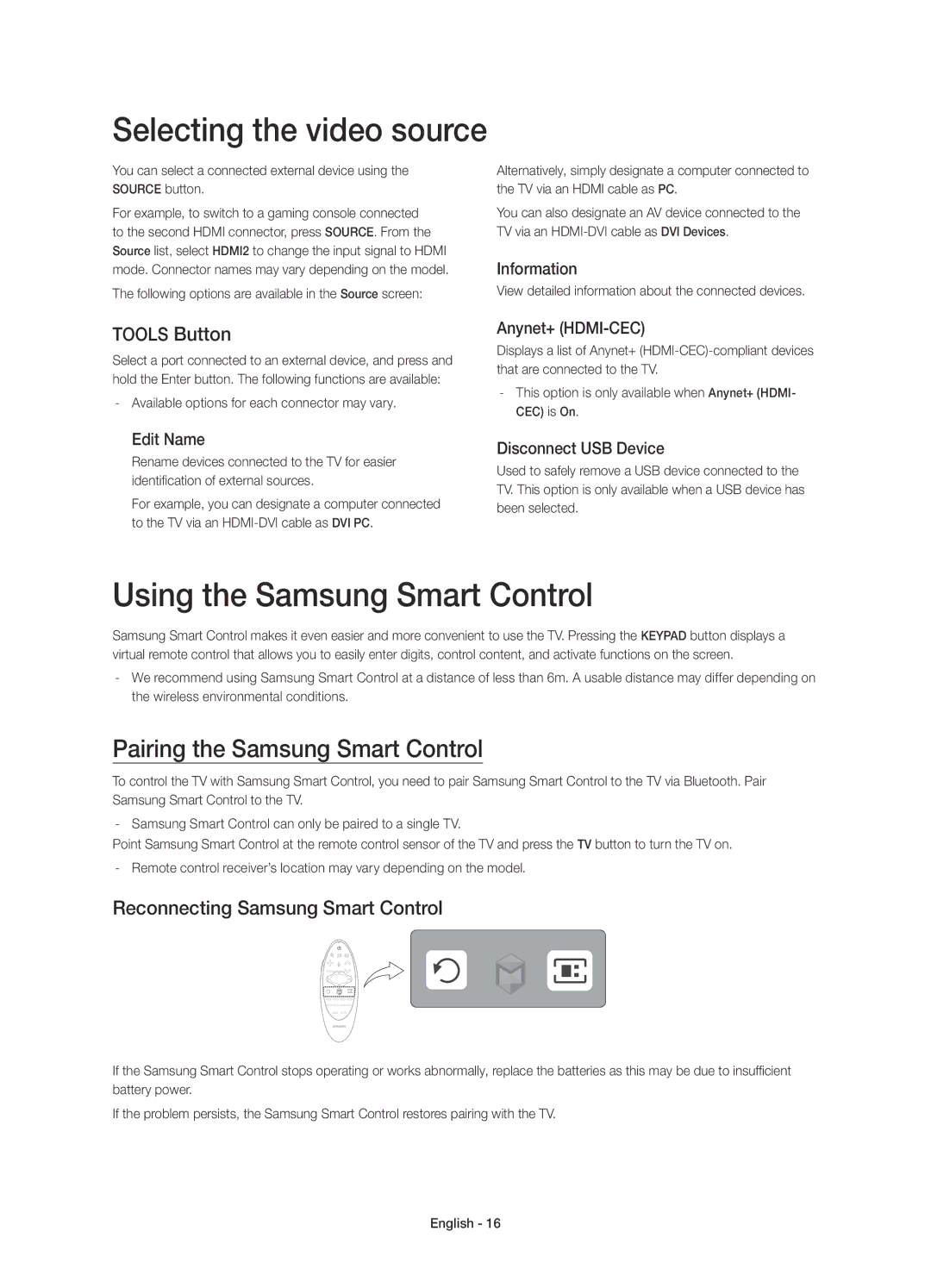 Samsung UE78HU8500LXXH Selecting the video source, Using the Samsung Smart Control, Pairing the Samsung Smart Control 