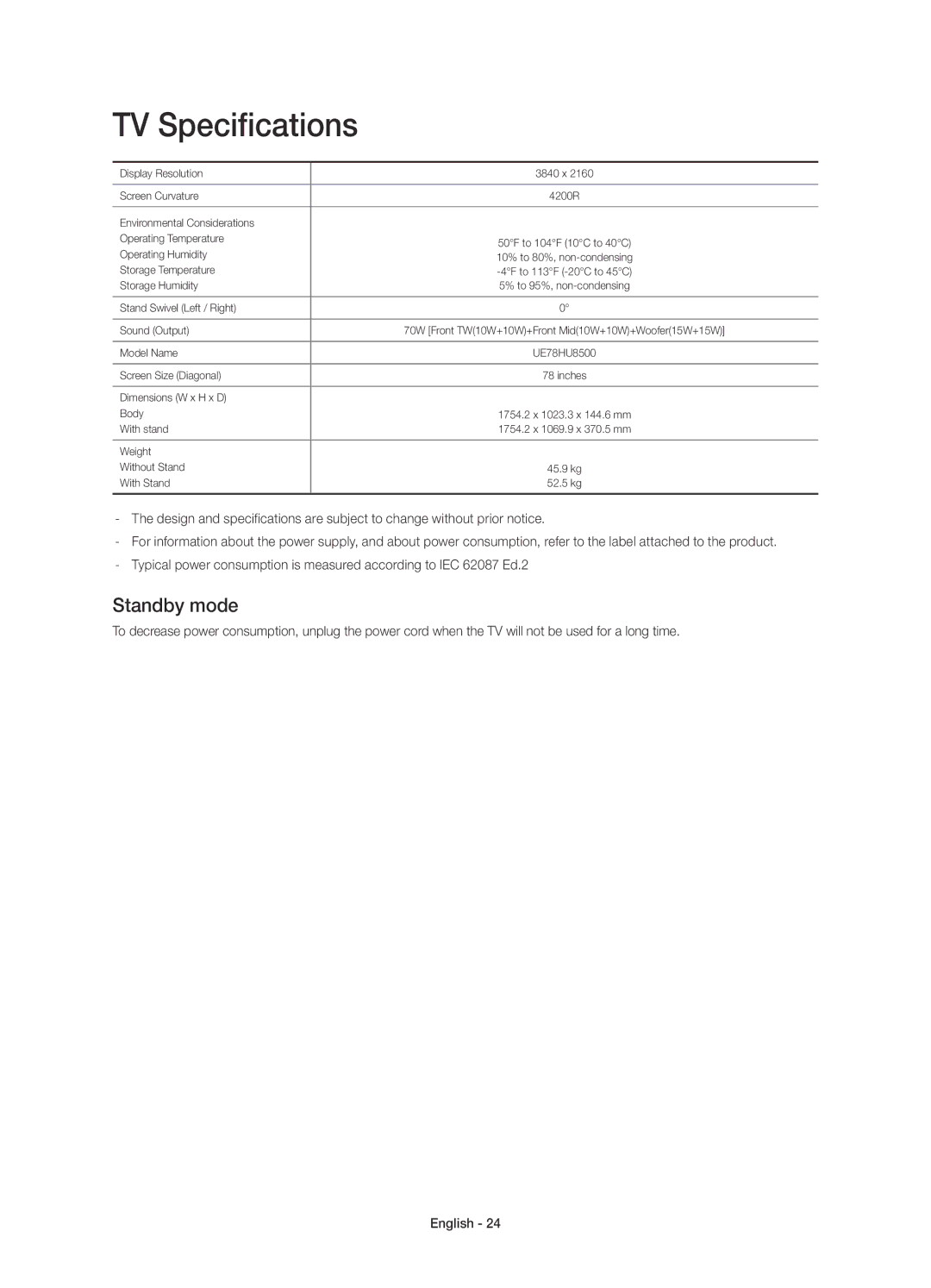 Samsung UE78HU8500LXXH, UE78HU8500LXXC manual TV Specifications, Standby mode 