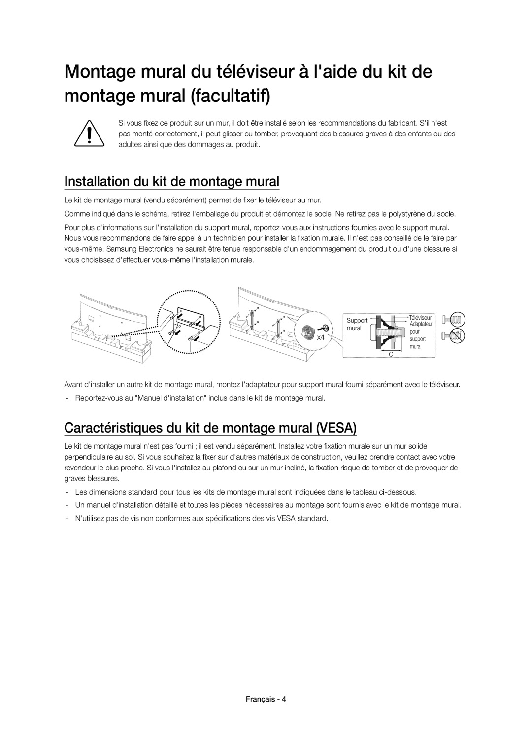 Samsung UE78HU8500LXXH, UE78HU8500LXXC Installation du kit de montage mural, Caractéristiques du kit de montage mural Vesa 