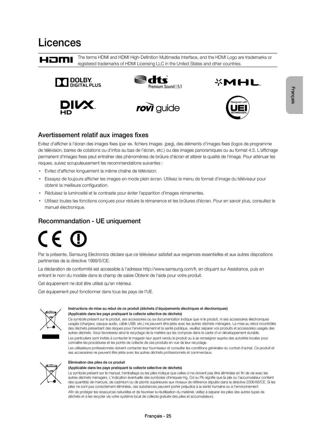 Samsung UE78HU8500LXXC, UE78HU8500LXXH manual Avertissement relatif aux images fixes, Recommandation UE uniquement 