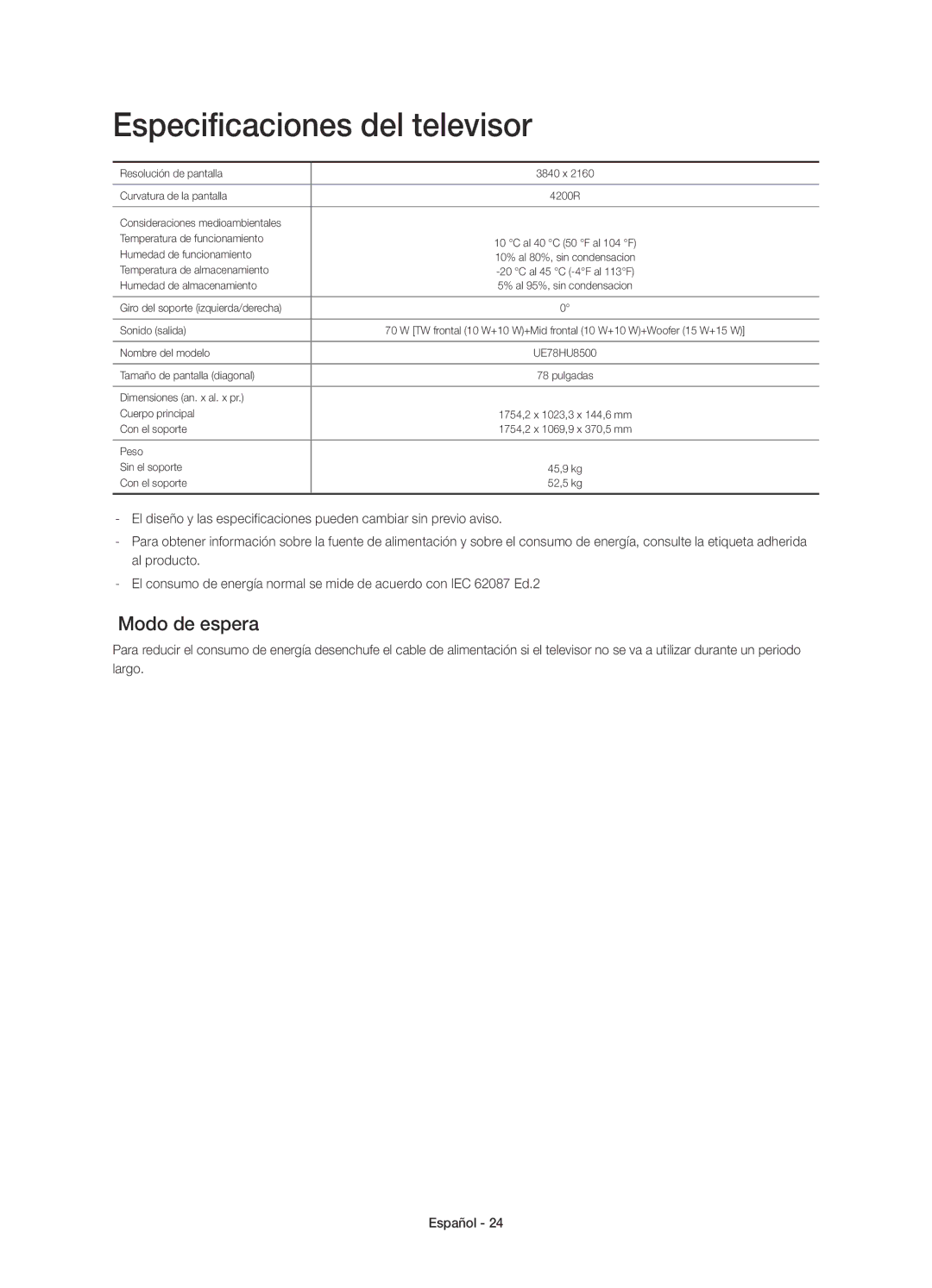 Samsung UE78HU8500LXXH, UE78HU8500LXXC manual Especificaciones del televisor, Modo de espera 