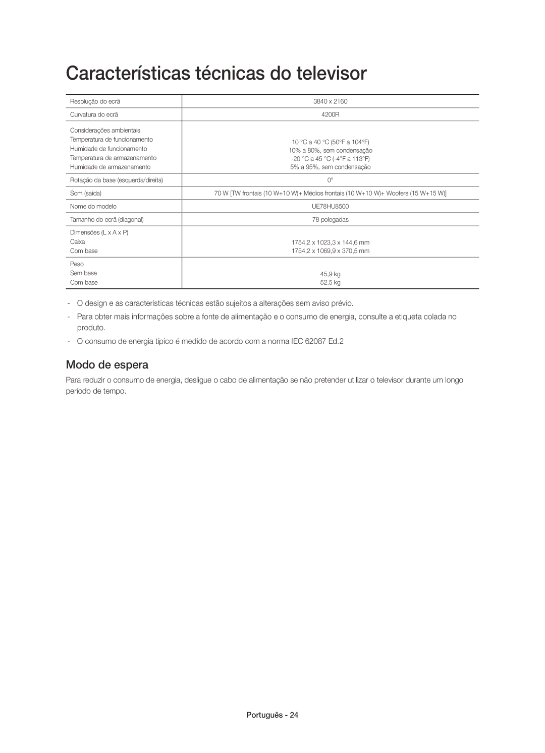 Samsung UE78HU8500LXXH, UE78HU8500LXXC manual Características técnicas do televisor, Modo de espera 