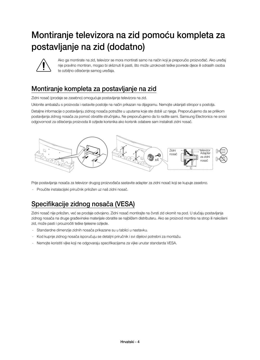 Samsung UE78HU8500LXXN, UE78HU8500LXXH manual Montiranje kompleta za postavljanje na zid, Specifikacije zidnog nosača Vesa 