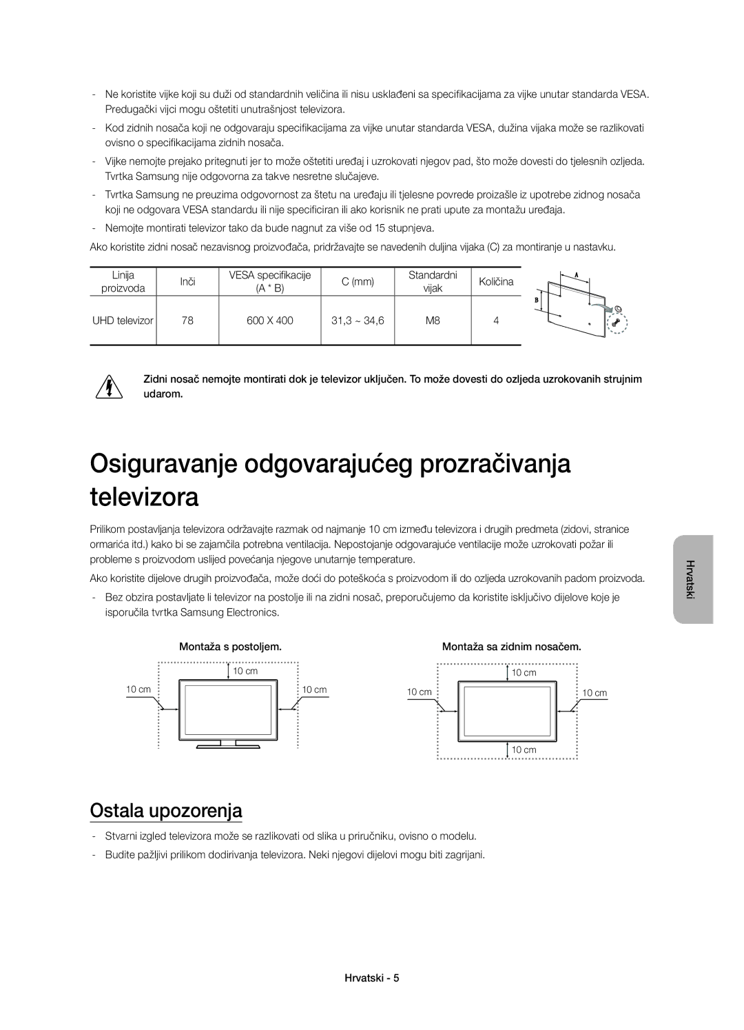 Samsung UE78HU8500TXXU manual Osiguravanje odgovarajućeg prozračivanja televizora, Ostala upozorenja, Standardni Količina 