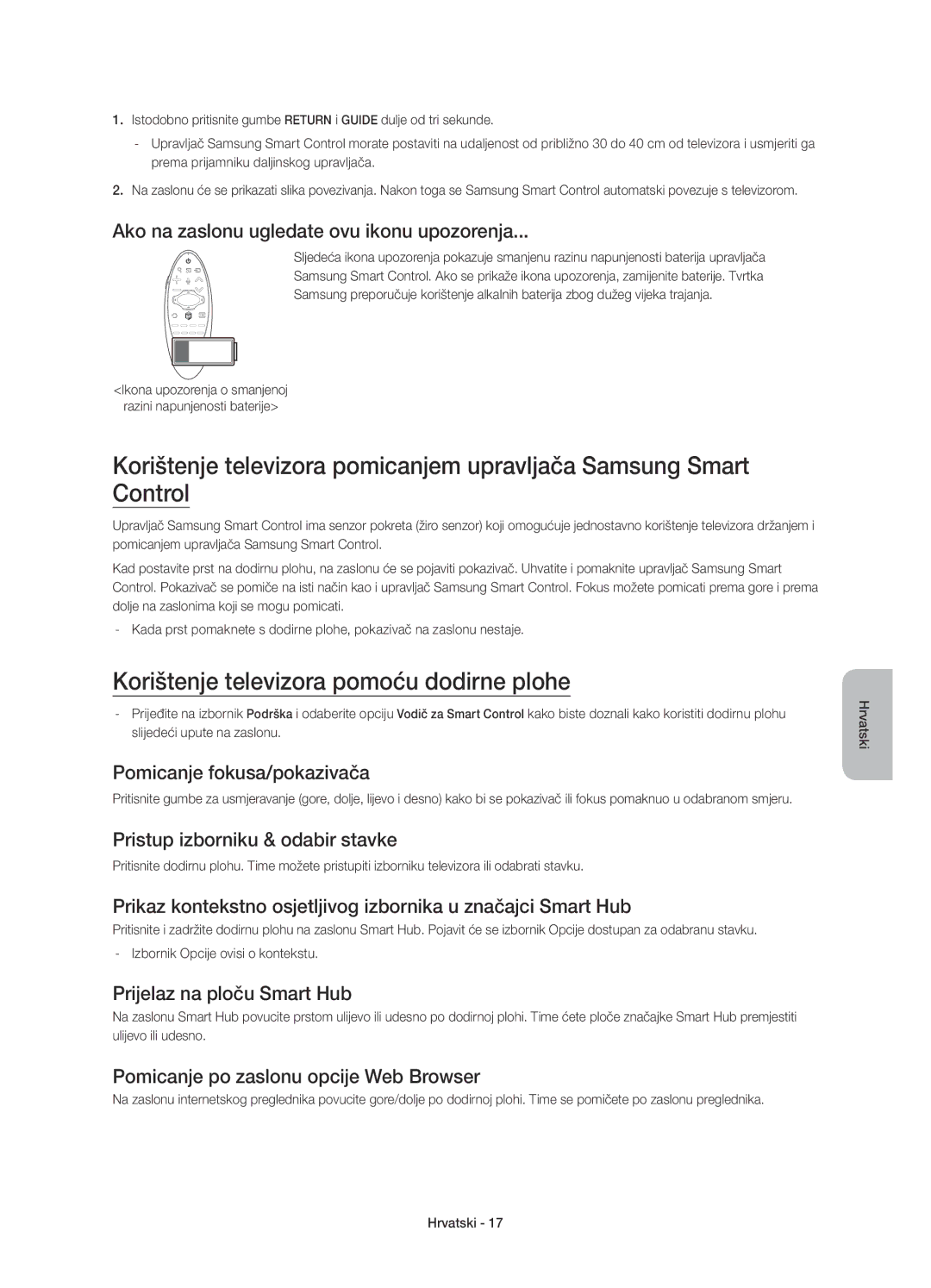 Samsung UE78HU8500TXXU, UE78HU8500LXXH, UE78HU8500LXZF, UE78HU8500LXXC manual Korištenje televizora pomoću dodirne plohe 